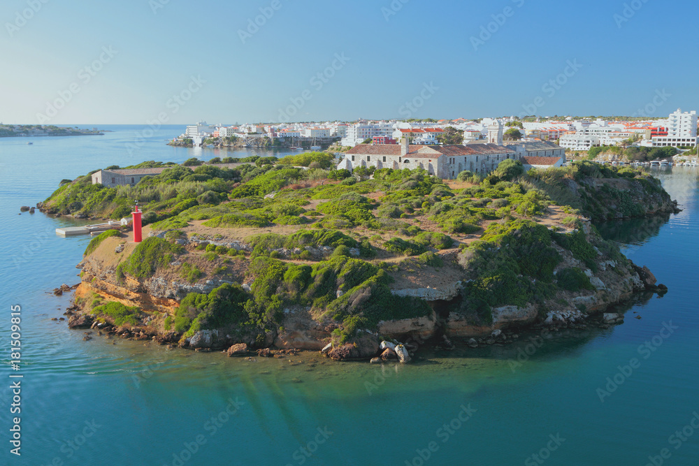 Island of Isla-del-Ray and city. Maon, Menorca, Spain