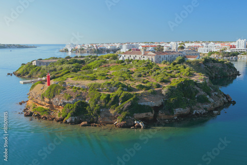 Island of Isla-del-Ray and city. Maon, Menorca, Spain photo