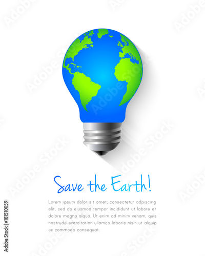 Planet earth and light bulb as energy saving concept. Realistic vector illustration