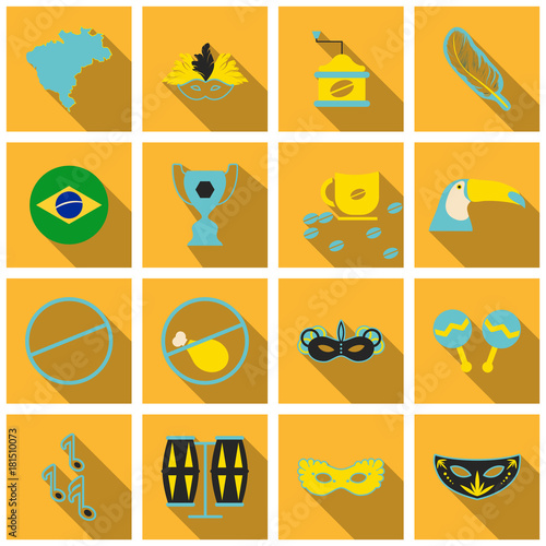 Brazil icons collection. Vector illustration with Brazilian culture and nature icons, including toucan, in carnival costume and in trendy flat style.