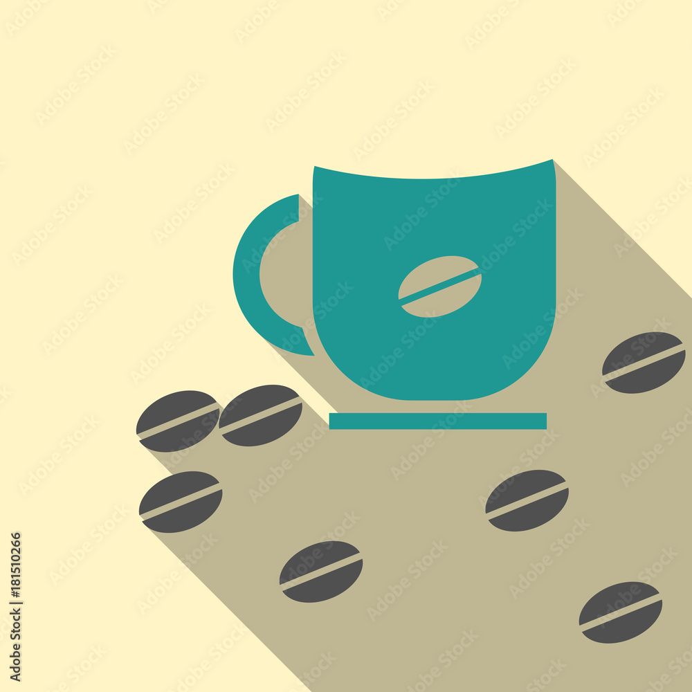 vector cup of black coffee and scattered coffee beans on white background