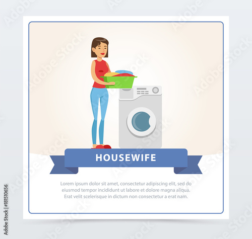 Young  beautiful woman doing laundry, housewife banner flat vector element for website or mobile app