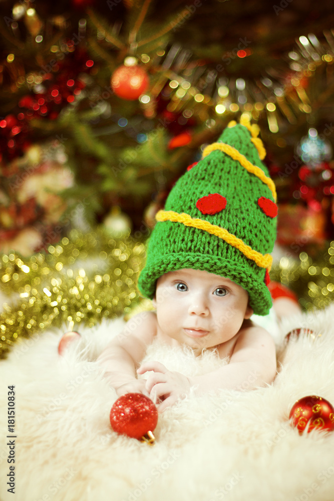 Newborn Baby Portrait, Happy New Born Kid, Child in Green New Year Tree Hat