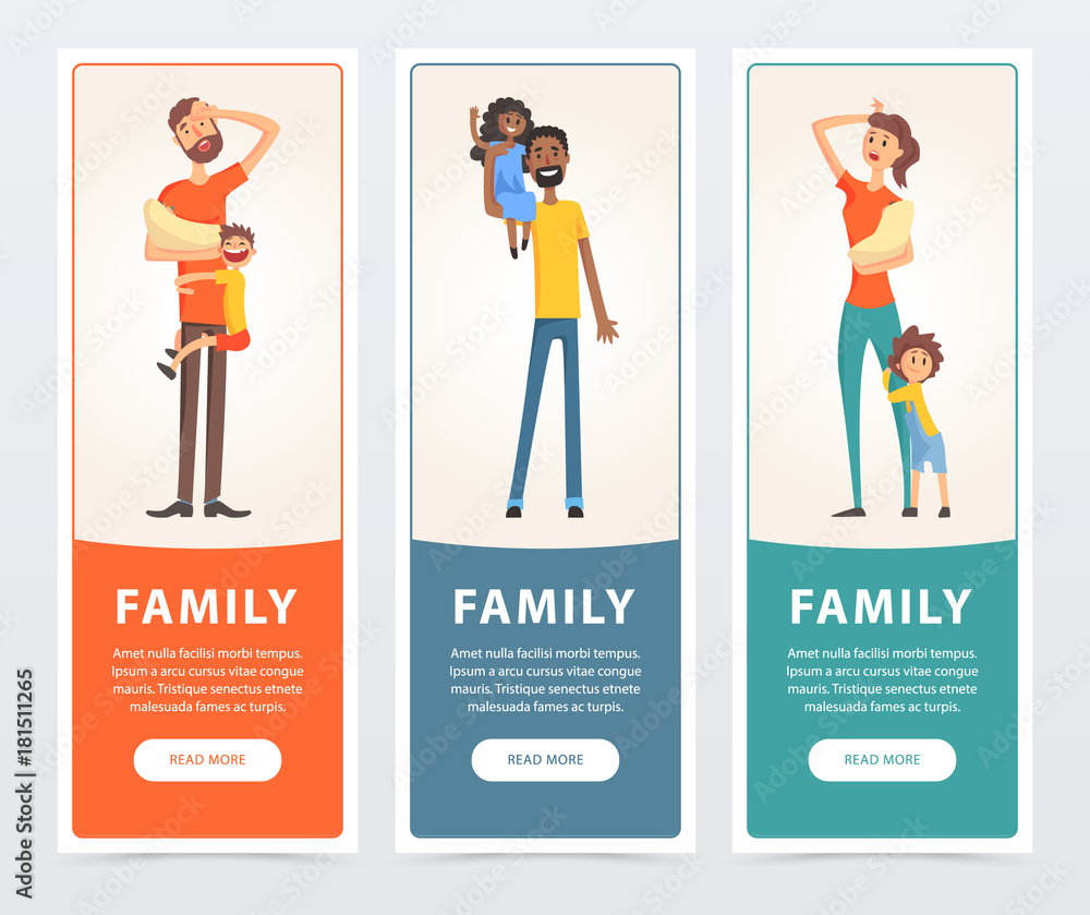 Family banners set, happy and tired parents with their children flat vector element for website or mobile app Family banners set, happy and tired parents with their children flat vector element for website or mobile app