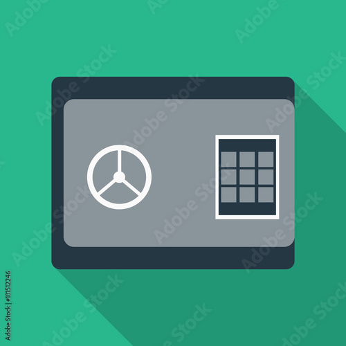 Metal bank safe vector icon in a flat style. Closed safe isolated on a colored background. Concept of the icon safe shadow at the bottom. Simple illustration of the safe.