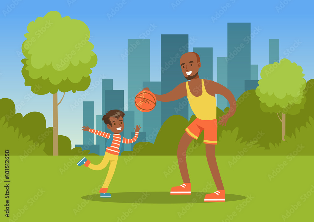 Fototapeta premium Father playing ball with his son in city park outside, family leisure vector illustration
