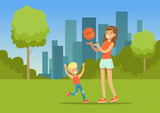 Mother and her son playing together with a ball in city park outside, family leisure vector illustration