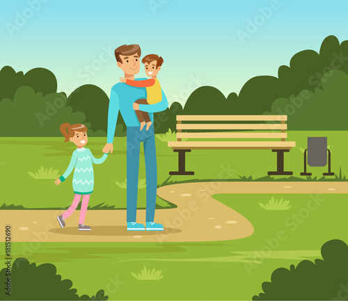 Happy father and two kids walking in summer park outside, family leisure vector illustration