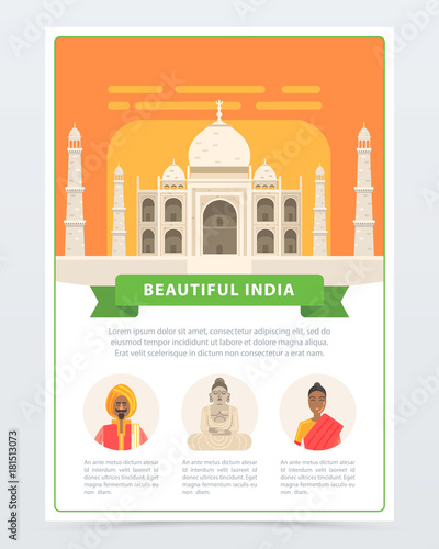 Beautiful India banner, Taj Mahal famous historical monument flat vector element for website or mobile app