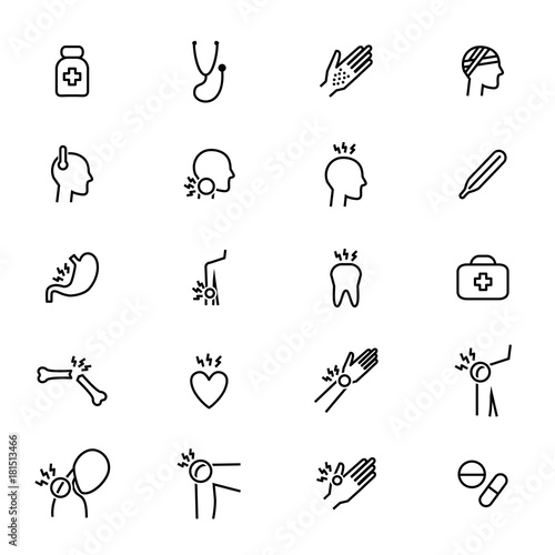 Body Pain and Injury Black Thin Line Icon Set. Vector