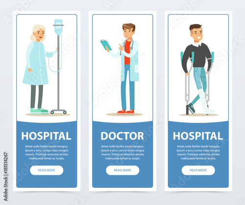 Hospital and doctor banners set, medical examination and treatment flat vector element for website or mobile app