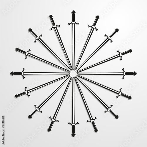 Iron swords piled in a circle. Vector illustration.