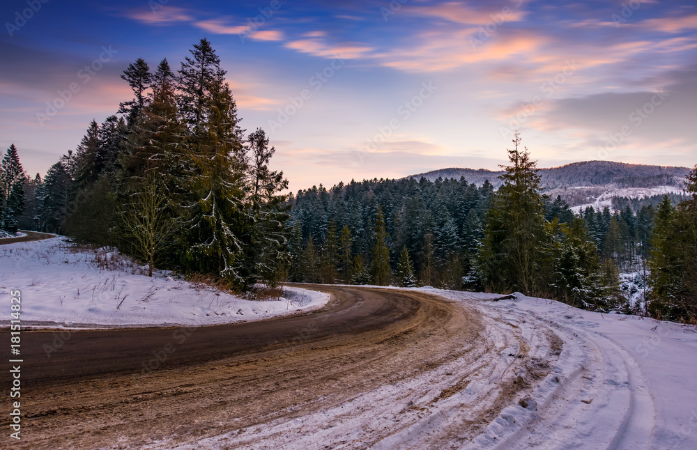 gorgeous dusk over serpentine in winter mountains