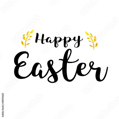Happy Easter lettering with golden glitter leaves. Holiday symbol. Greeting card vector illustration