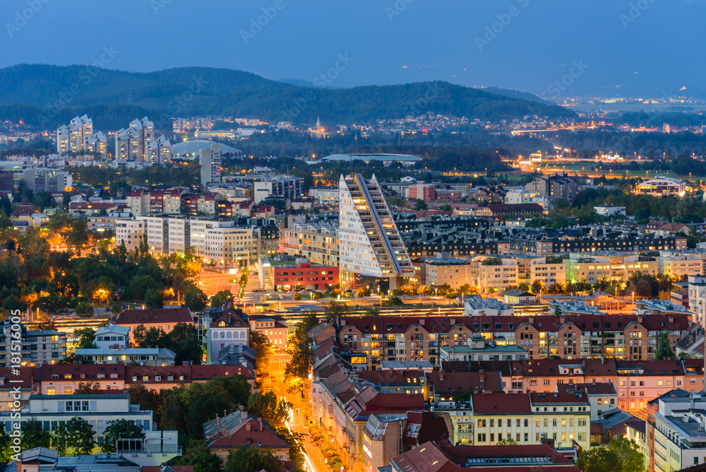 Night aerial view of Ljubljana, Slovenia