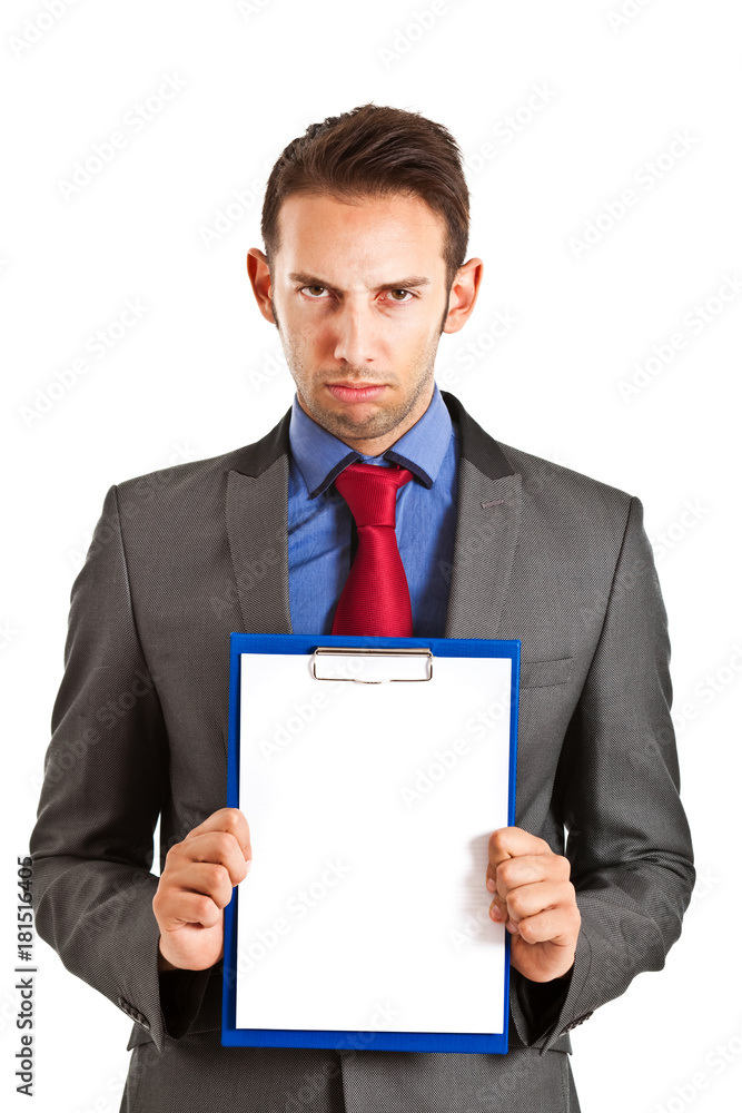 Angry businessman holding a white clipboard Angry businessman holding a white clipboard