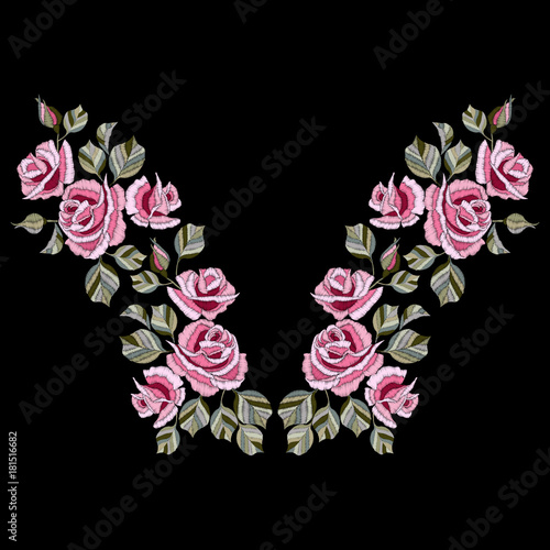Neck line embroidery with rose flowers vector illustration.