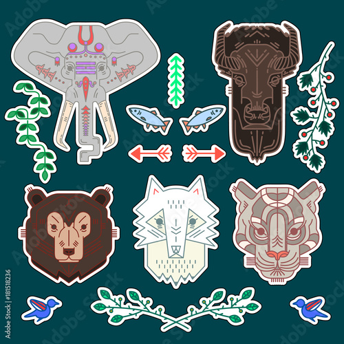 Set of animal patches elements. Set of stickers, pins, patches and handwritten notes collection in cartoon 80s-90s comic style.Vector stickers kit