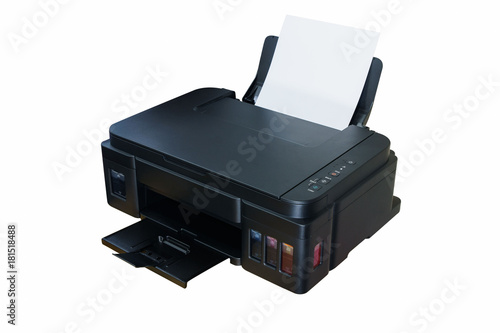 A multi function printer with internal ink tank is isolated white background.