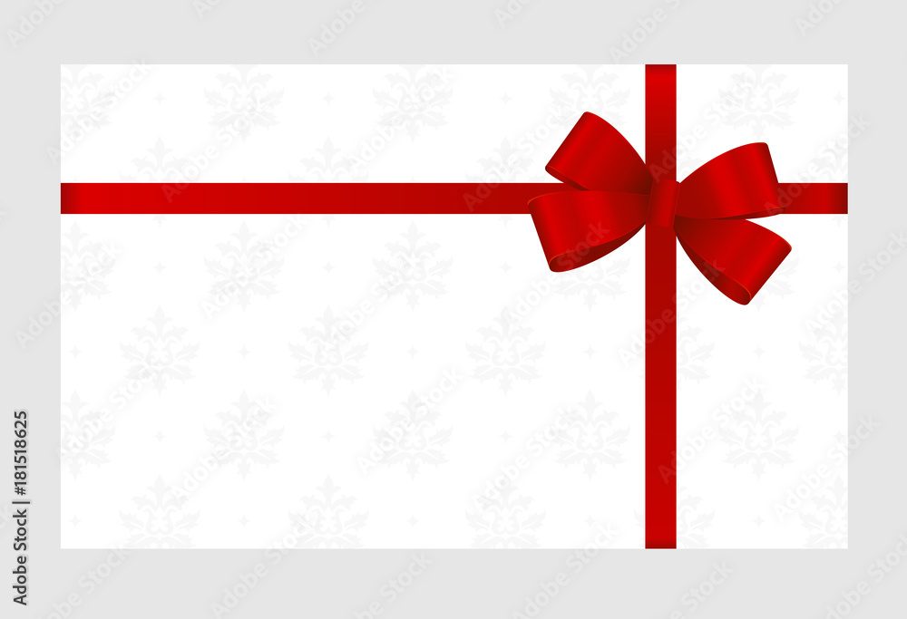 Gift Card With Red Ribbon And A Bow on white background. Gift Voucher Template with place for text. Invitation - vector image Gift Card With Red Ribbon And A Bow on white background. Gift Voucher Template with place for text. Invitation - vector image