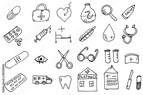 Set of different medical icons of wound care and treatments for medical info graphics on blue tiles. Hand drawn cartoon sketch vector illustration, marker style coloring. Vector eps 10.