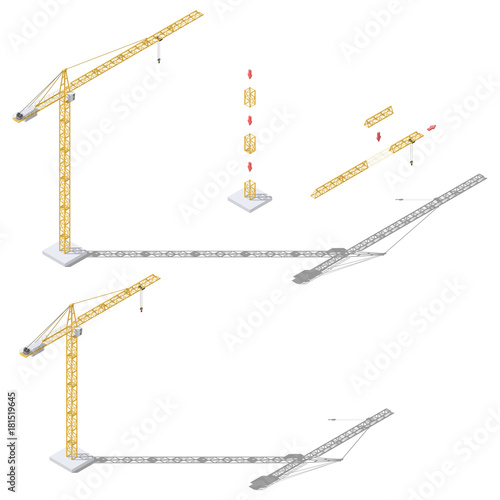Tower crane with adjustable boom length and tower height isometric icon set