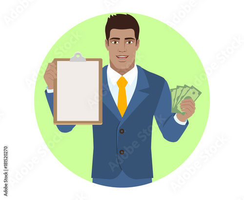 Businessman with money holding the clipboard