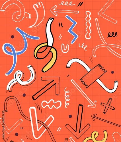 Playful Dancing Random Shapes and Arrows on Orange Background 