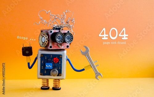 Error 404 page not found concept. Friendly crazy robot handyman with hand wrench on yellow orange background
