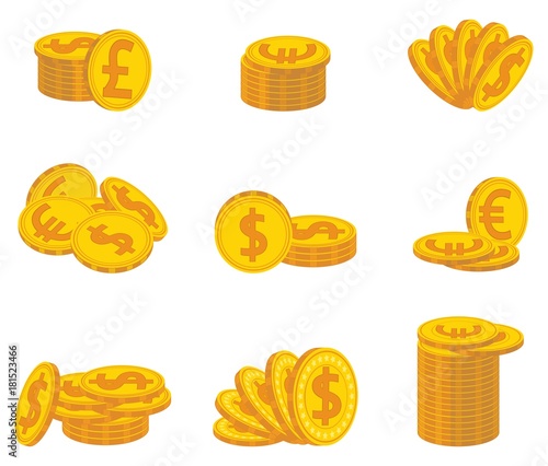 Set of folded gold coins. Currency. Vector illustration.