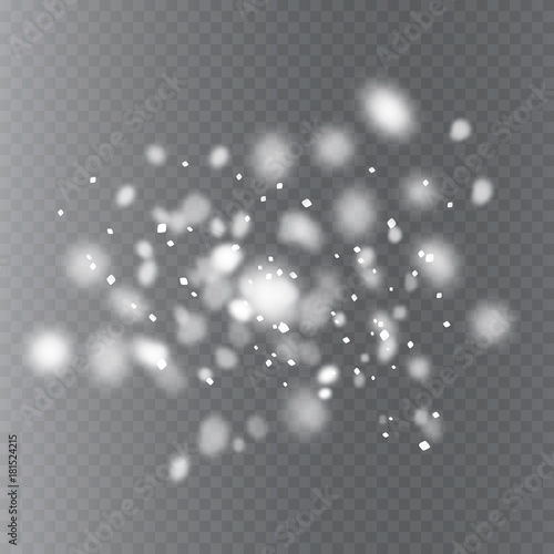 Snow overlay on transparent background. Vector illustration of falling snowflakes isolated. Vector template