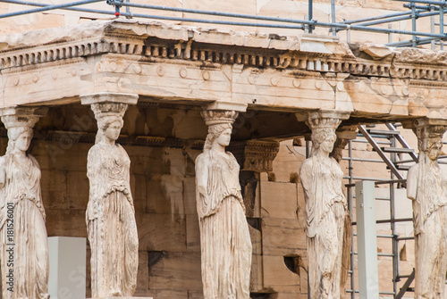 Caryatids of the Erechtheion temple on Acropolis hill archaeological site next to Parthenon in Athens Greece 