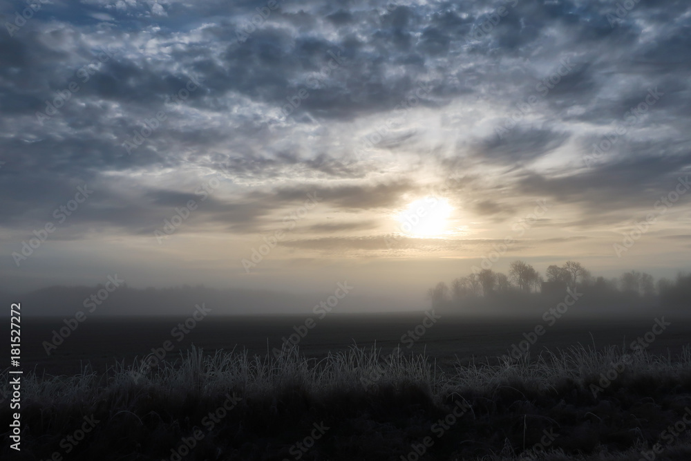 Cold foggy landscape, field in the sunrise. Frosty grass in the foreground.