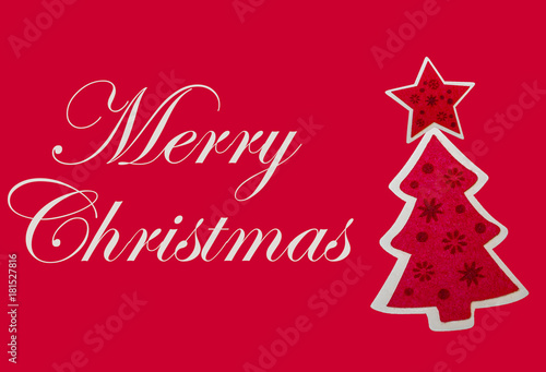 Christmas card with text Merry Christmas and Christmas tree.