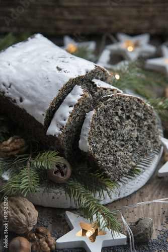 poppy cake and Christmas decorations