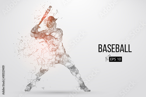 Silhouette of a baseball player. Dots, lines, triangles, text, color effects and background on a separate layers, color can be changed in one click. Vector illustration.
