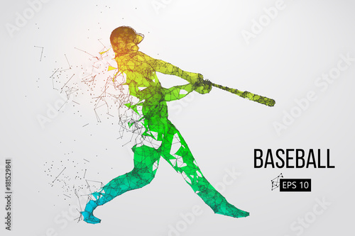 Silhouette of a baseball player. Dots, lines, triangles, text, color effects and background on a separate layers, color can be changed in one click. Vector illustration.