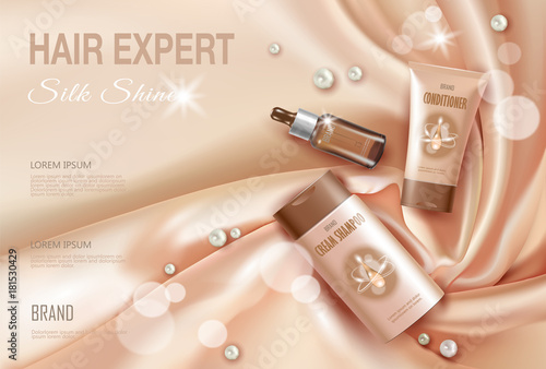 Hair cosmetic ad shampoo moisturizing conditioner serum. Light beige silk fabric water liquid drop flower sakura cherry blossom.3d realistic package mock up poster banner template vector illustration