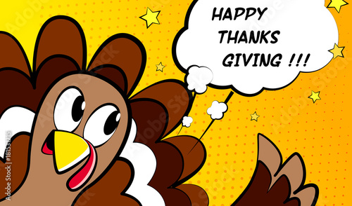 Happy Thanksgiving vector card with cartoon turkey. Comics style.