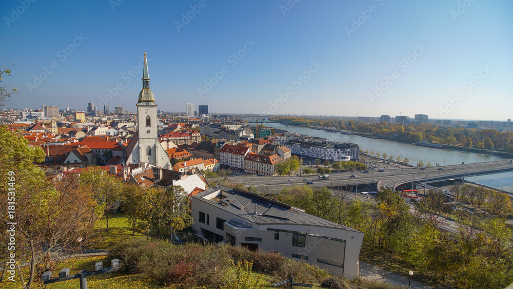 Panorama of Bratislava with the Danube, Slovakia. Aerial view of Bratislava, Slovakia.
