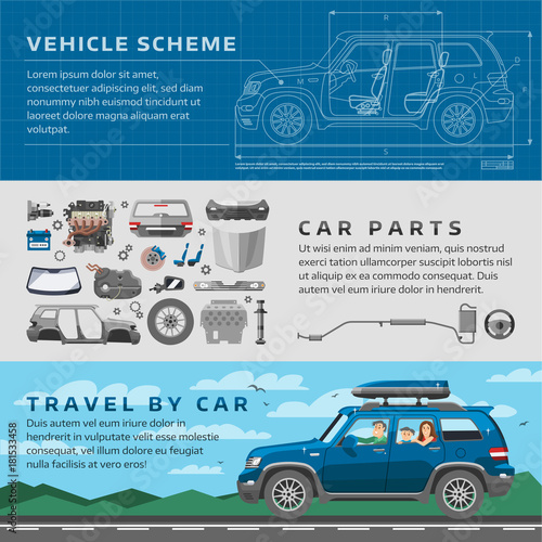 Car repair auto service vector mechanic garage worker career infographic concept. Motorcar parts and happy family vehicle automobile travel illustration