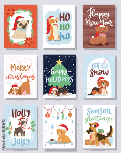 Christmas 2018 dog card vector cute cartoon puppy characters illustration home pets doggy Xmas print design web banner celebrate in Santa Red Hat