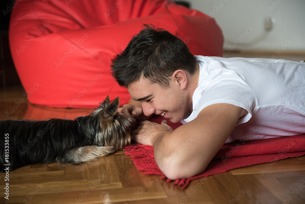 Young boy playing with dog on red blanket and lazy bag in background Young boy playing with dog on red blanket and lazy bag in background