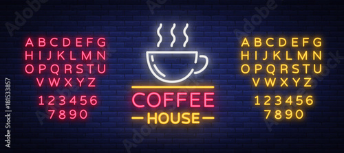 Coffee neon signboard, logo, glowing emblem, vector illustration for your business. A bright signboard advertising coffee, hot drinks. Editing text neon sign. Neon alphabet
