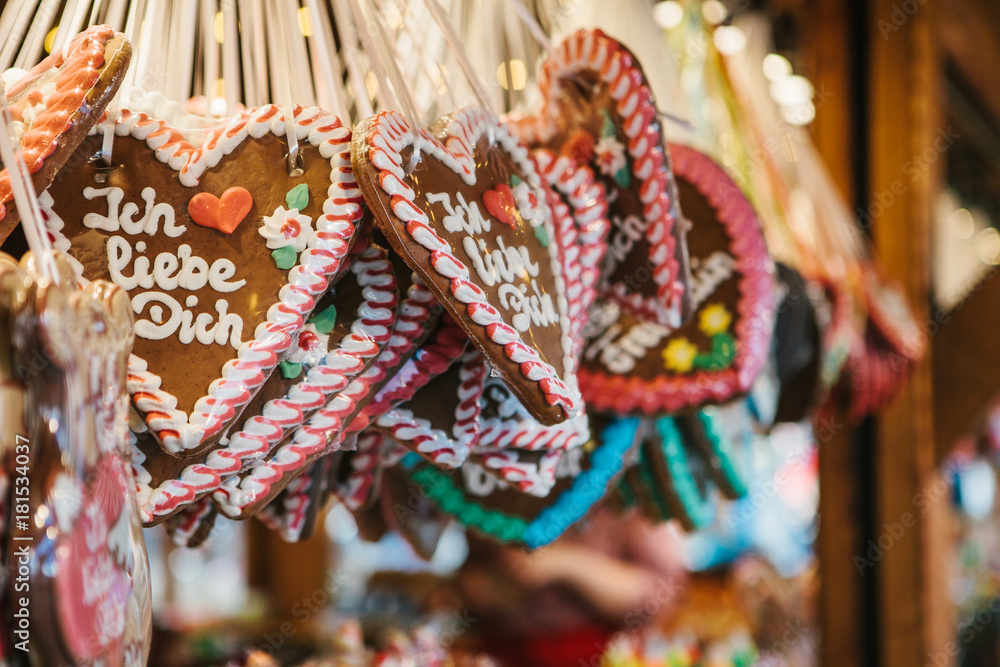 Traditional sweets in the Christmas market in Germany. Celebrating Christmas in Europe.