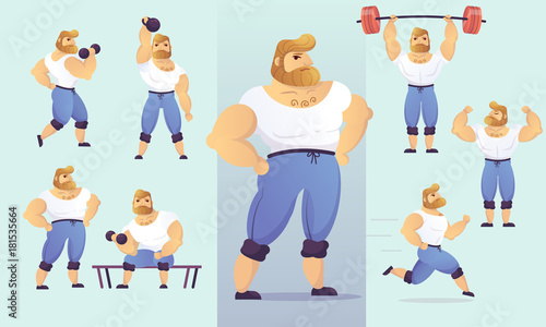 Set of handsome, muscular characters. Vector illustration of strong, athletic posing men bodybuilders with beard.
