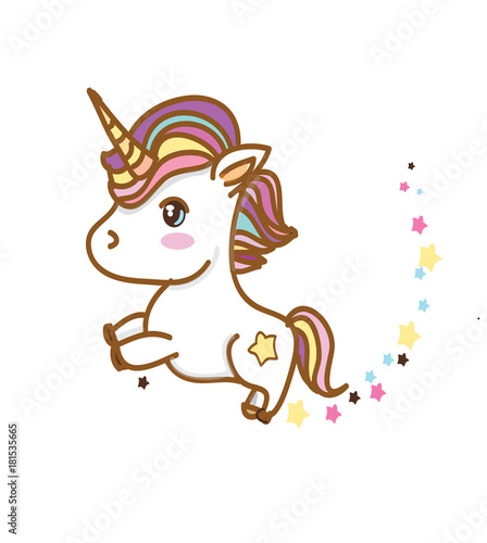 colorful cheerful drawing with a unicorn with asterisks multicolored on white background