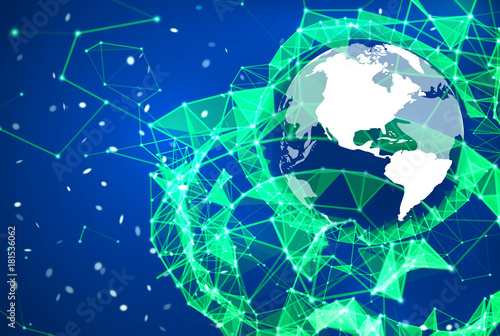Global network connection background. Blue and green technology backdrop. Telecommunication broadcast concept. Glowing plexus structure with Earth planet and particles. Abstract vector illustration.
