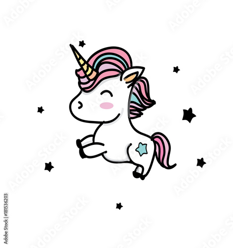  colorful drawing with unicorns with black stars on a white background