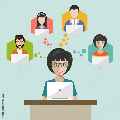 Global data sharing concept. Young people using lap tops to share posts and news in social networks. Flat vector illustration